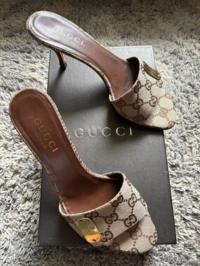 Gucci Brown Leather & Monogram Heeled Mules- Women's